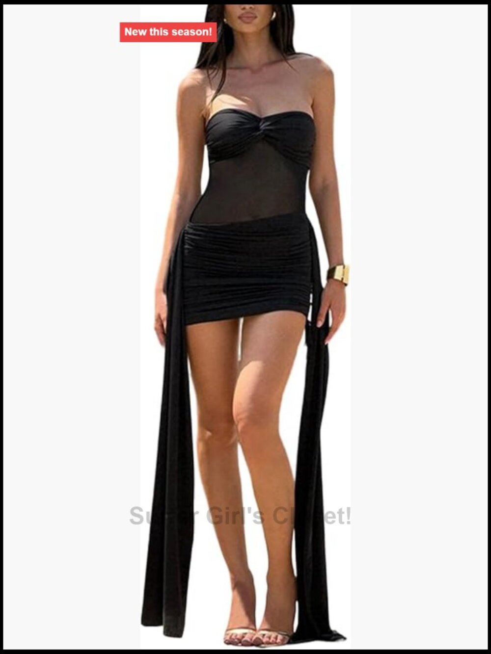 Strapless Mesh Sheer Ruched Bodycon Mini Dress Party Clubwear
